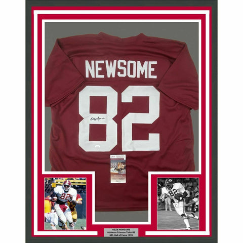 FRAMED Autographed/Signed OZZIE NEWSOME 33x42 Alabama Red Jersey JSA COA