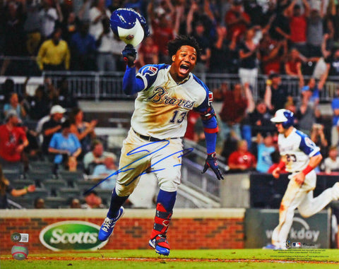 Ronald Acuna Autographed Atlanta Braves Celebration 16x20 Photo- Beckett W *Blue