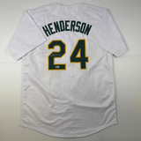 Autographed/Signed Rickey Henderson Oakland White Jersey Beckett BAS COA