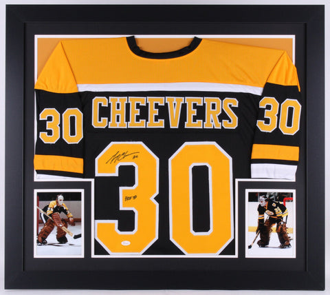 Gerry Cheevers Signed Bruins 32x36 Custom Framed Jersey Inscribed " HOF 85"/ JSA