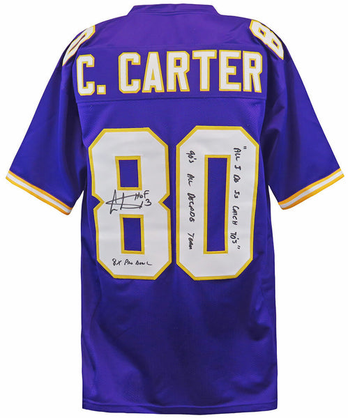 Cris Carter Signed Purple Custom Jersey w/HOF, Catch TD's +2-INS -(SCHWARTZ COA)