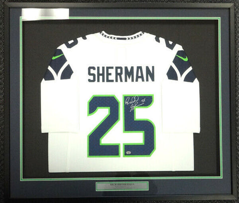 SEAHAWKS RICHARD SHERMAN AUTOGRAPHED FRAMED WHITE NIKE JERSEY RS HOLO 97703