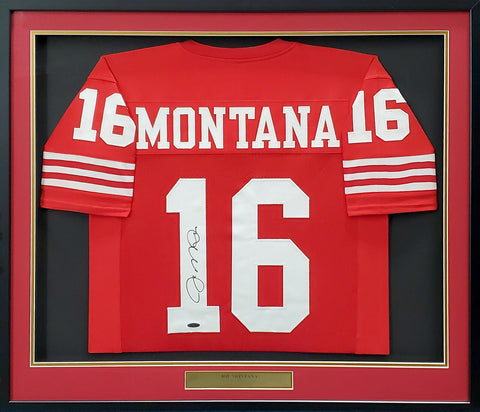 49ERS JOE MONTANA AUTOGRAPHED SIGNED FRAMED RED JERSEY TRISTAR HOLO 200421