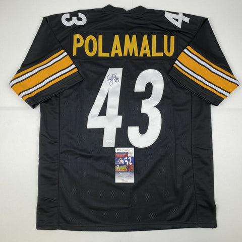 Autographed/Signed TROY POLAMALU Pittsburgh Black Football Jersey JSA COA Auto