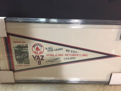 Carl Yastrzemski Custom Framed 42 x 21 TWICE signed Red Sox Yaz Day pennant 1983