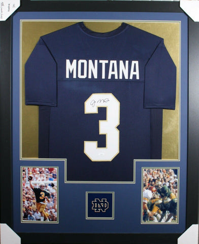 JOE MONTANA (Notre Dame Irish blue TOWER) Signed Autographed Framed Jersey JSA