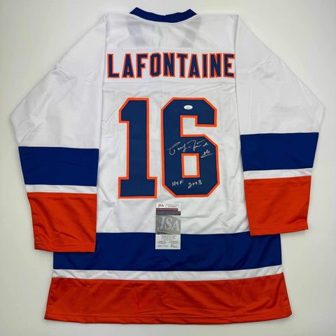 Autographed/Signed Pat Lafontaine HOF 03 New York White Hockey Jersey JSA COA