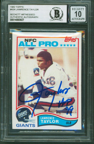 Giants Lawrence Taylor Authentic Signed 1982 Topps #434 Card Auto 10 BAS Slabbed