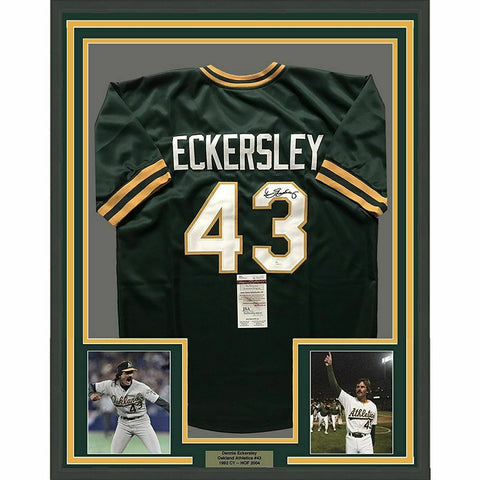 FRAMED Autographed/Signed DENNIS ECKERSLEY 33x42 Oakland Green Jersey JSA COA