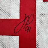 Framed Autographed/Signed Justin Tuck 35x39 New York White Jersey JSA COA