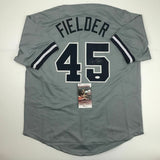 Autographed/Signed CECIL FIELDER New York Grey Baseball Jersey JSA COA Auto