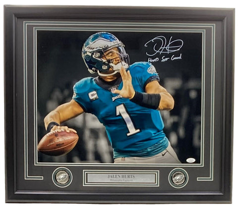 Jalen Hurts Signed Framed 16x20 Eagles Spotlight Throw Photo Hurts So Good JSA