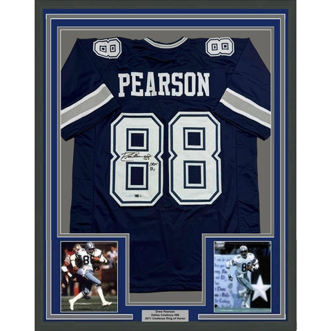 Framed Autographed/Signed Drew Pearson 35x39 Dallas Navy Football Jersey BAS COA