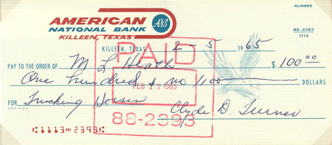 Clyde Bulldog Turner Signed 1965 American National Bank Check 37603