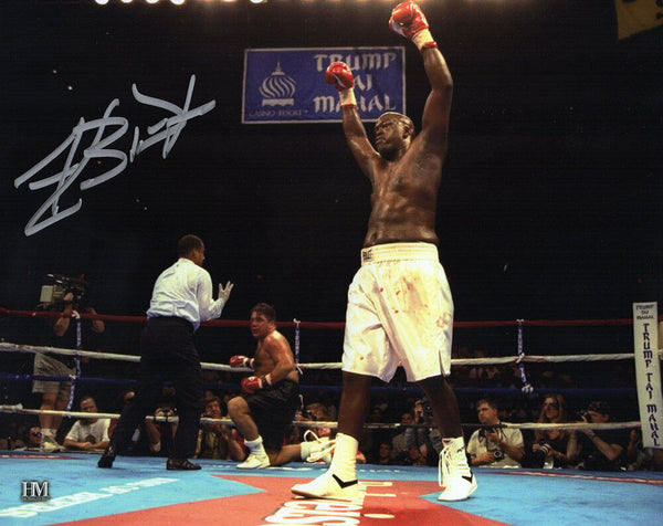 Buster Douglas Signed Boxing Arms In Air White Trunks 8x10 Photo (SCHWARTZ COA)