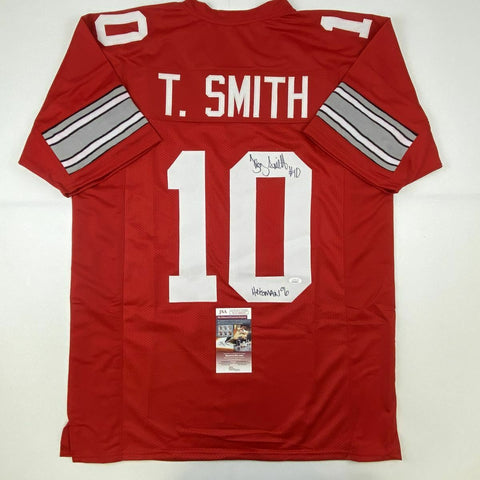 Autographed/Signed TROY SMITH Heisman 06 Ohio State Red College Jersey JSA COA