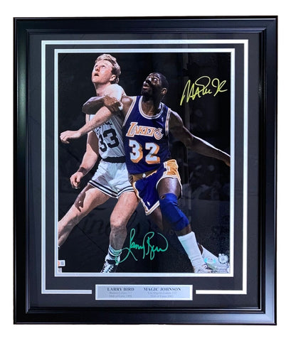 Larry Bird Magic Johnson Signed Framed 16x20 Celtics vs Lakers Photo PSA ITP