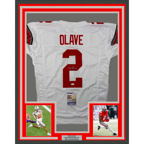 Framed Autographed/Signed Chris Olave 33x42 Ohio State White Jersey JSA COA