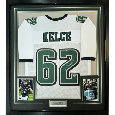 Framed Autographed/Signed Jason Kelce 35x39 Philadelphia White Jersey PSA COA