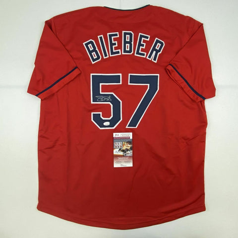 Autographed/Signed SHANE BIEBER Cleveland Red Baseball Jersey JSA COA Auto