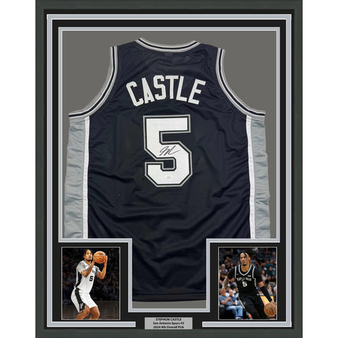 Framed Autographed/Signed Stephon Castle 35x39 San Antonio Black Jersey JSA COA