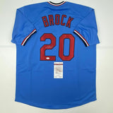 Autographed/Signed LOU BROCK St. Louis Blue Baseball Jersey JSA COA Auto