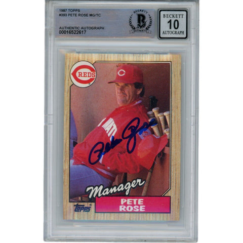 Pete Rose Autographed/Signed 1987 Topps 393 10 Auto Trading Card Beckett 47085