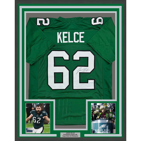 Framed Autographed/Signed Jason Kelce 35x39 Kelly Green Jersey PSA/DNA COA