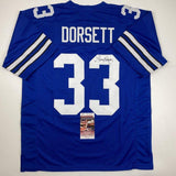 Autographed/Signed Tony Dorsett Dallas Retro Blue Football Jersey JSA COA