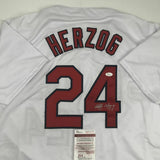 Autographed/Signed WHITEY HERZOG St. Louis White Baseball Jersey JSA COA Auto