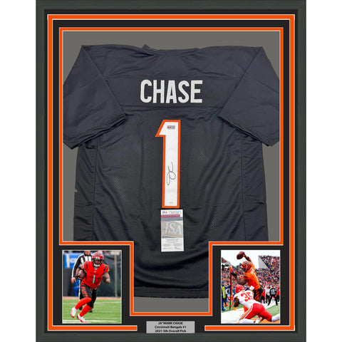 Framed Autographed/Signed Ja'Marr Chase 35x39 Cincinnati Black Jersey JSA COA