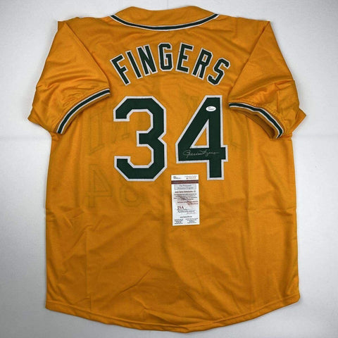 Autographed/Signed Rollie Fingers Oakland Yellow Baseball Jersey JSA COA