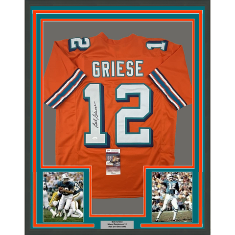 FRAMED Autographed/Signed BOB GRIESE 33x42 Miami Orange Football Jersey JSA COA