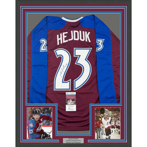 Framed Autographed/Signed Milan Hejduk 35x39 Colorado Maroon Jersey JSA COA