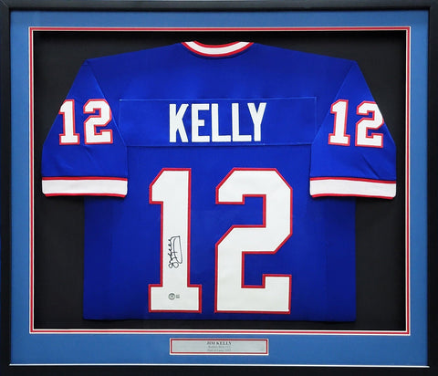 BUFFALO BILLS JIM KELLY AUTOGRAPHED FRAMED BLUE JERSEY BECKETT BAS QR 209465