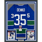 Framed Autographed/Signed Thatcher Demko 35x39 Vancouver Blue Jersey JSA COA