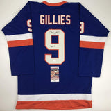 Autographed/Signed Clark Gillies HOF 02 New York Blue Hockey Jersey JSA COA