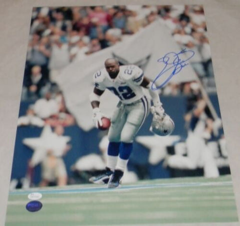 EMMITT SMITH AUTOGRAPHED SIGNED DALLAS COWBOYS 16x20 DEFENDING STAR PHOTO JSA