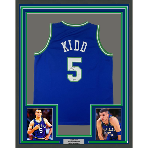 FRAMED Autographed/Signed JASON KIDD 33x42 Blue Basketball Jersey BAS COA