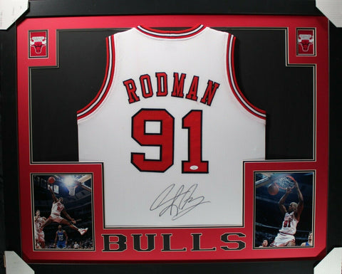 DENNIS RODMAN (Bulls white SKYLINE) Signed Autographed Framed Jersey JSA