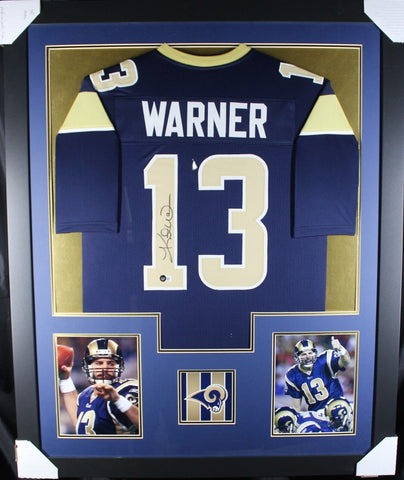 KURT WARNER (Rams navy TOWER) Signed Autographed Framed Jersey Beckett