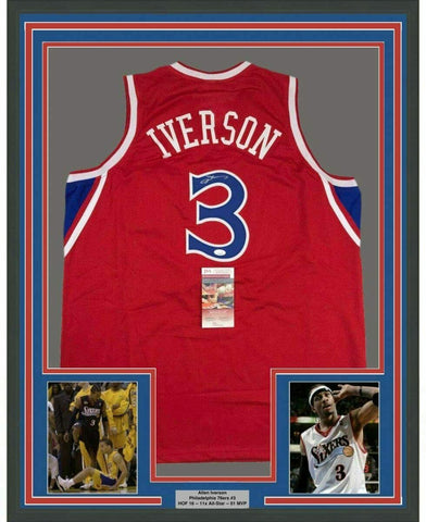 Framed Autographed/Signed Allen Iverson 33x42 Philadelphia Red Jersey JSA COA