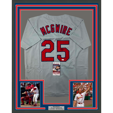 Framed Autographed/Signed Mark McGwire 33x42 St. Louis Grey Jersey JSA COA