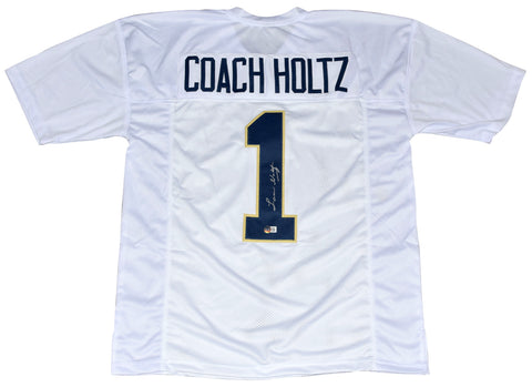 LOU HOLTZ SIGNED AUTOGRAPHED NOTRE DAME IRISH #1 WHITE JERSEY BECKETT