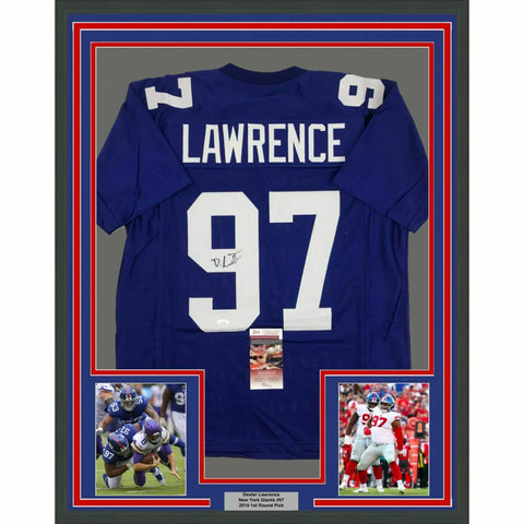 FRAMED Autographed/Signed DEXTER LAWRENCE 33x42 New York Blue Jersey JSA COA