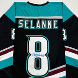 Autographed/Signed Teemu Selanne Anaheim Black Retro Hockey Jersey JSA COA