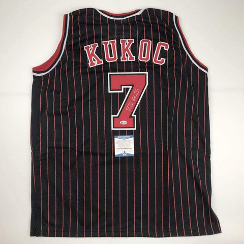 Autographed/Signed Toni Kukoc Chicago Black Pinstripe Basketball Jersey BAS COA