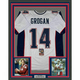 FRAMED Autographed/Signed STEVE GROGAN 33x42 New England White Jersey JSA COA