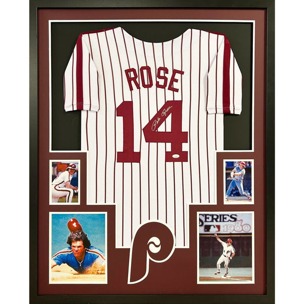 Pete Rose Autographed Signed Framed Phillies Striped Philadelphia Jersey JSA