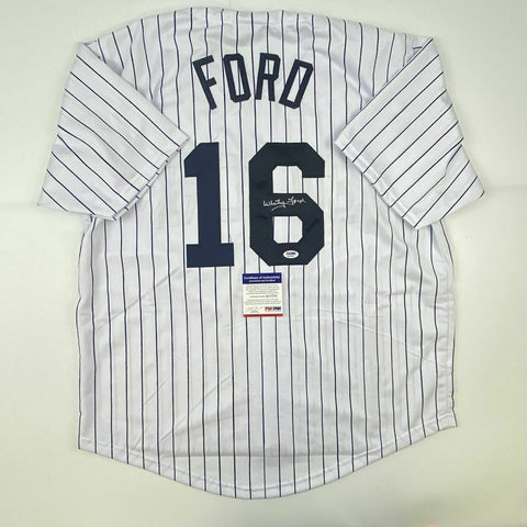 Autographed/Signed WHITEY FORD New York Pinstripe Baseball Jersey PSA/DNA COA #3